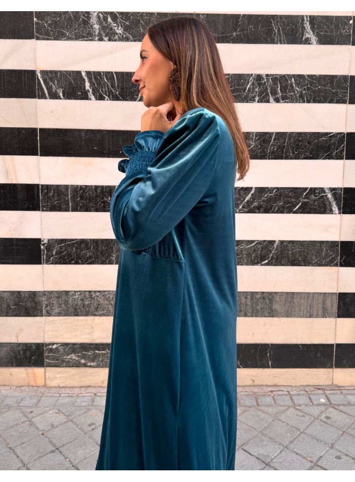 Kimono largo de terciopelo azul petróleo