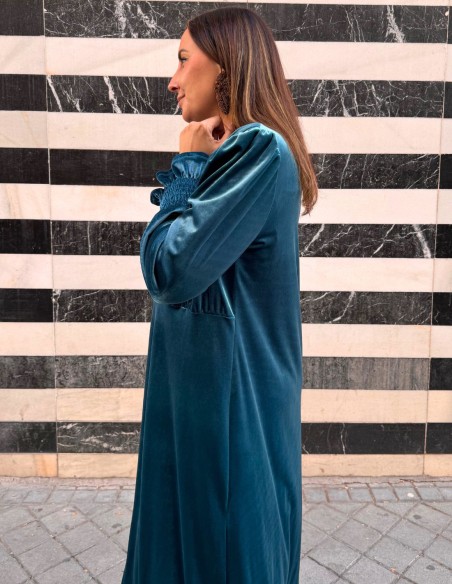 Kimono largo de terciopelo azul petróleo
