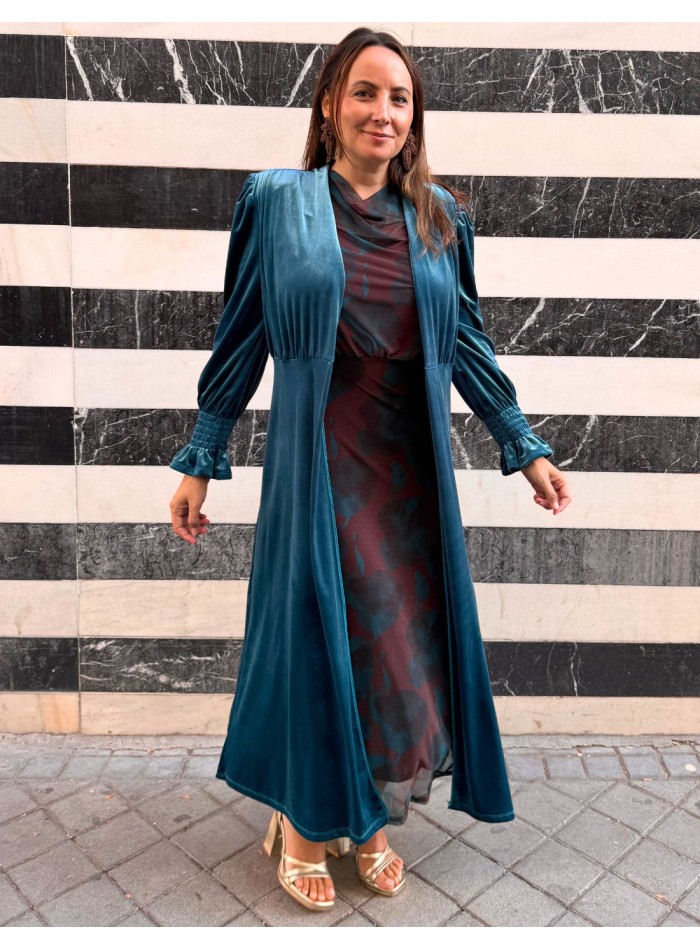 Kimono long en velours bleu pétrole