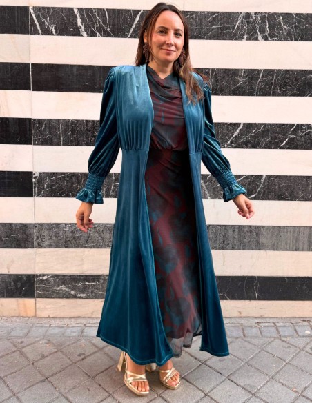Petrol blue velvet long kimono