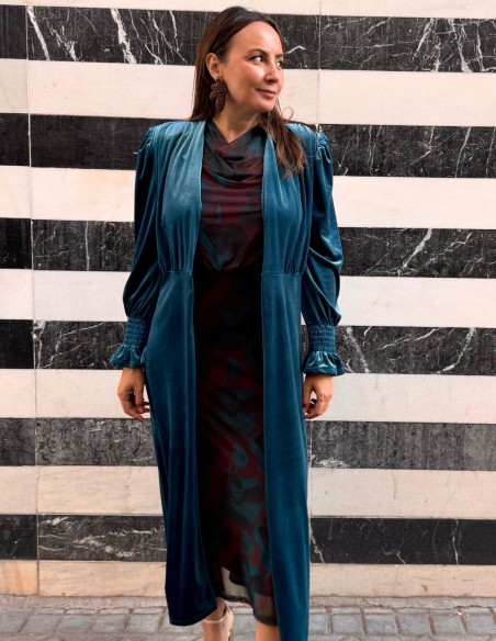 Kimono long en velours bleu pétrole