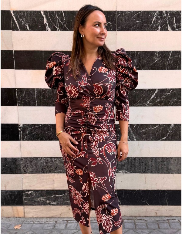 Printed midi dress in brown tones