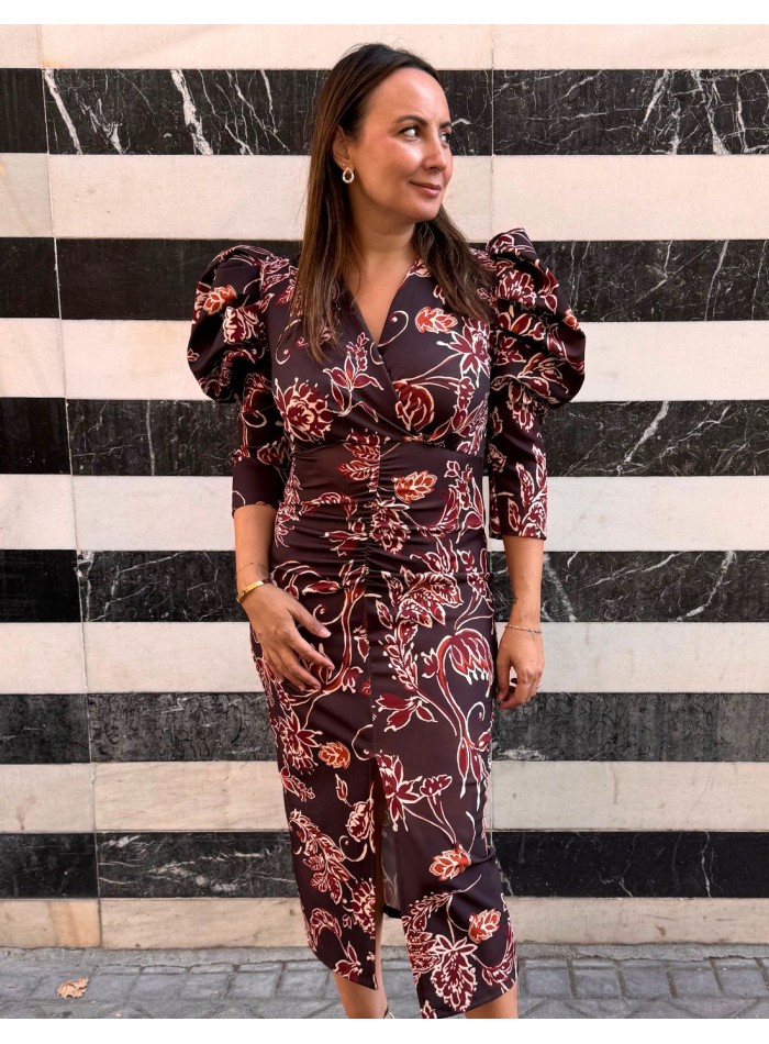 Robe midi imprimée dans les tons bruns