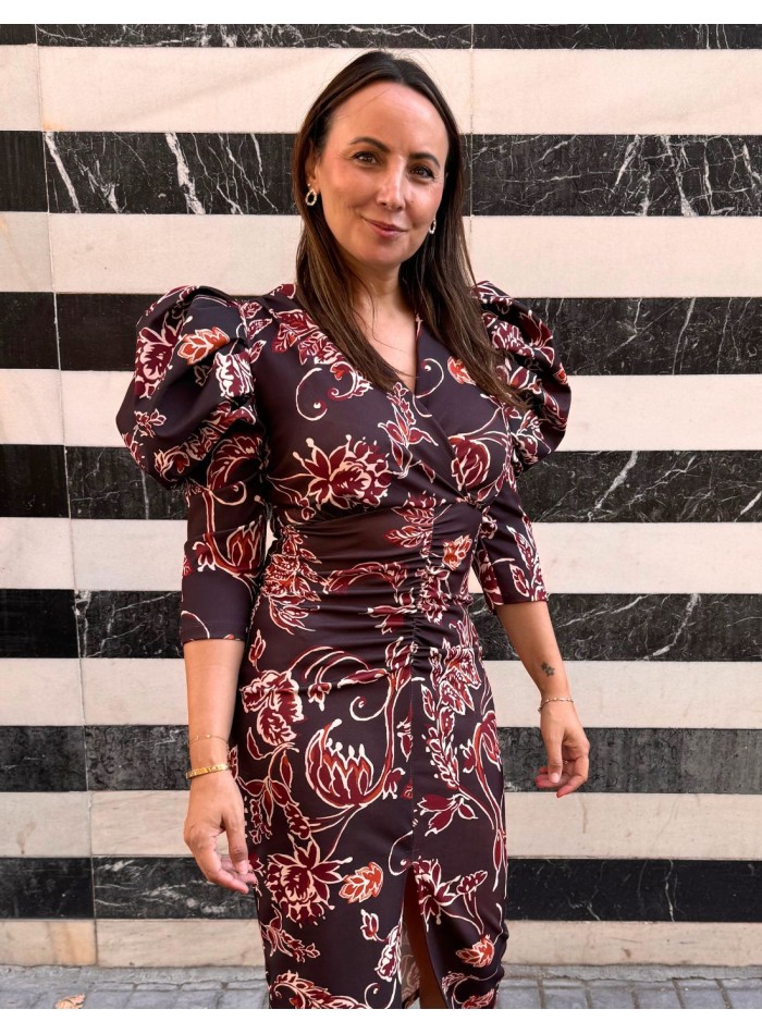 Robe midi imprimée dans les tons bruns