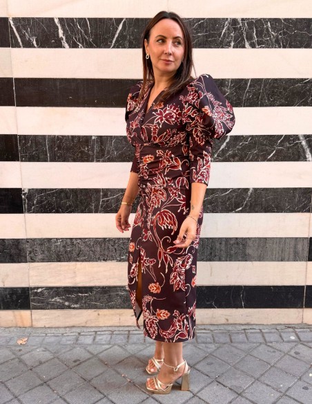 Robe midi imprimée dans les tons bruns