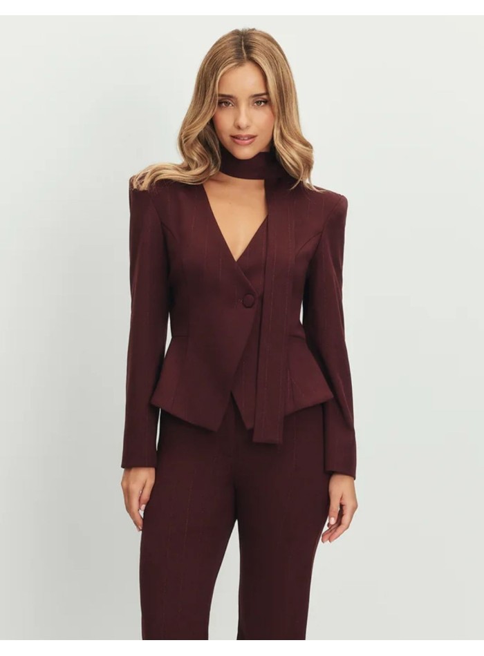 Maroon blazer with peplum cut and deep neckline