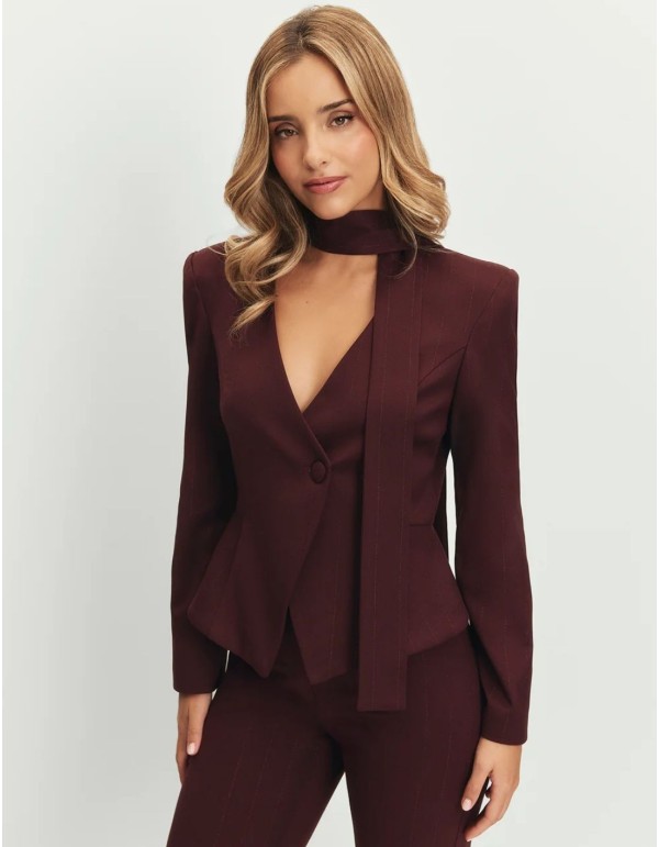 Maroon blazer with peplum cut and deep neckline 2