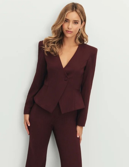 Blazer marron à coupe péplum et encolure profonde