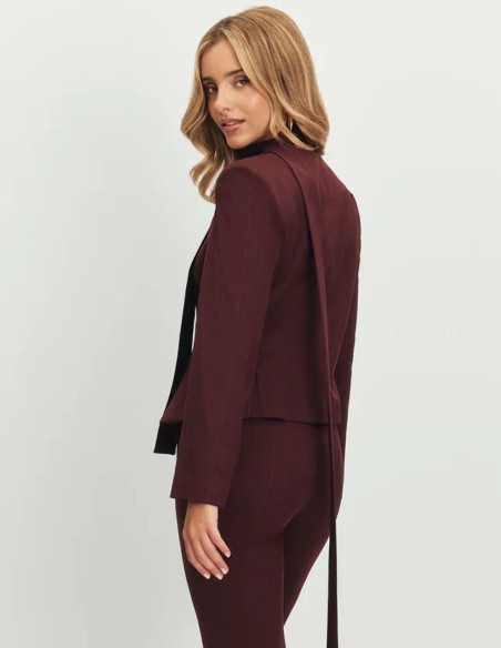 Maroon blazer with peplum cut and deep neckline