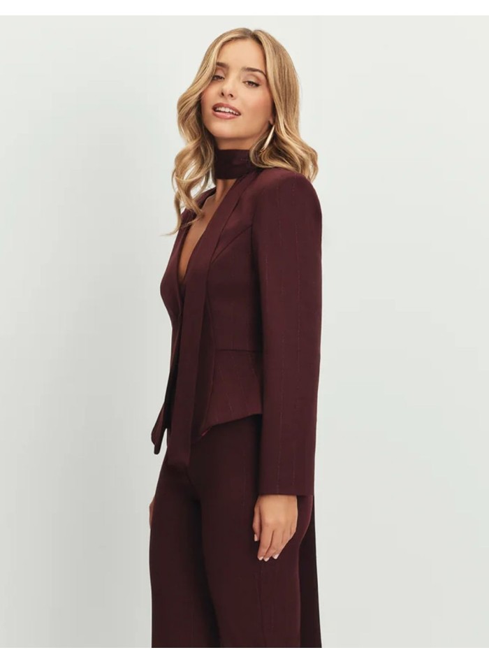 Blazer marron à coupe péplum et encolure profonde