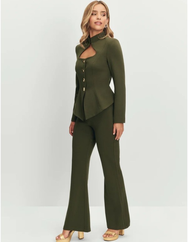 High-waisted, wide-leg military green pants 2