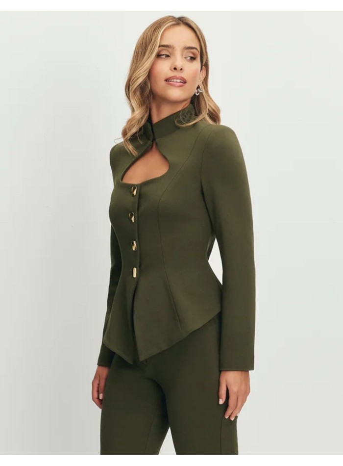 Military green jacket with cut-out neckline and gold buttons