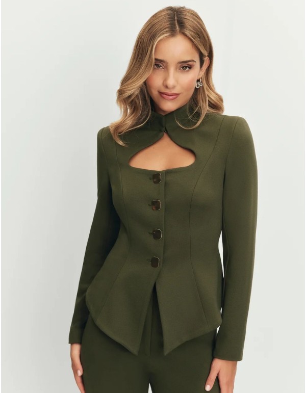 Military green jacket with cut-out neckline and gold buttons 2