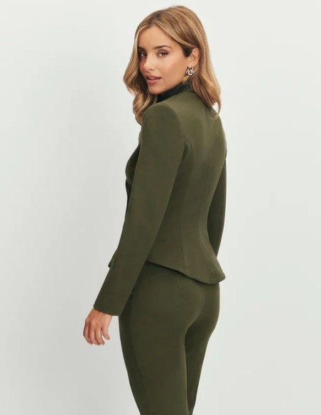Military green jacket with cut-out neckline and gold buttons