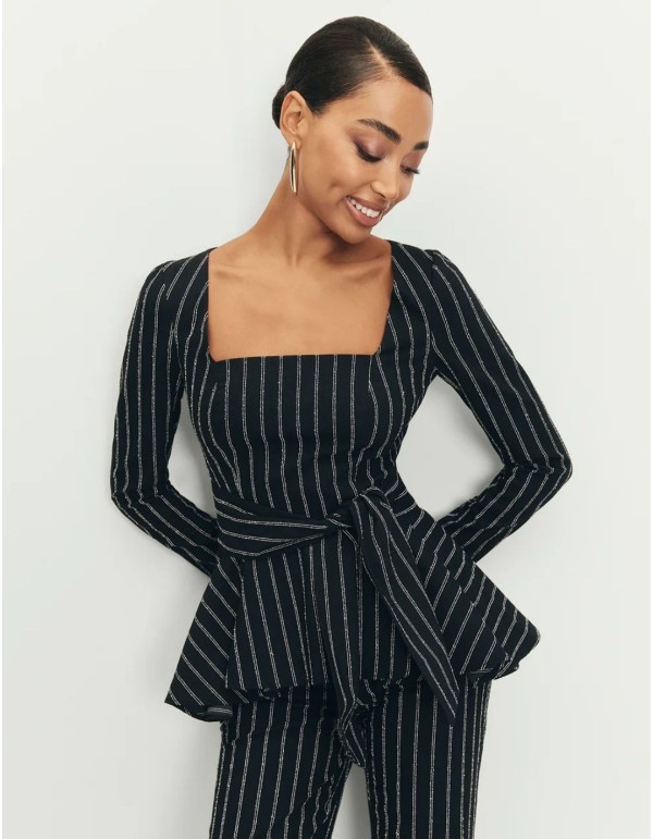 Black top with peplum ruffle and square neckline