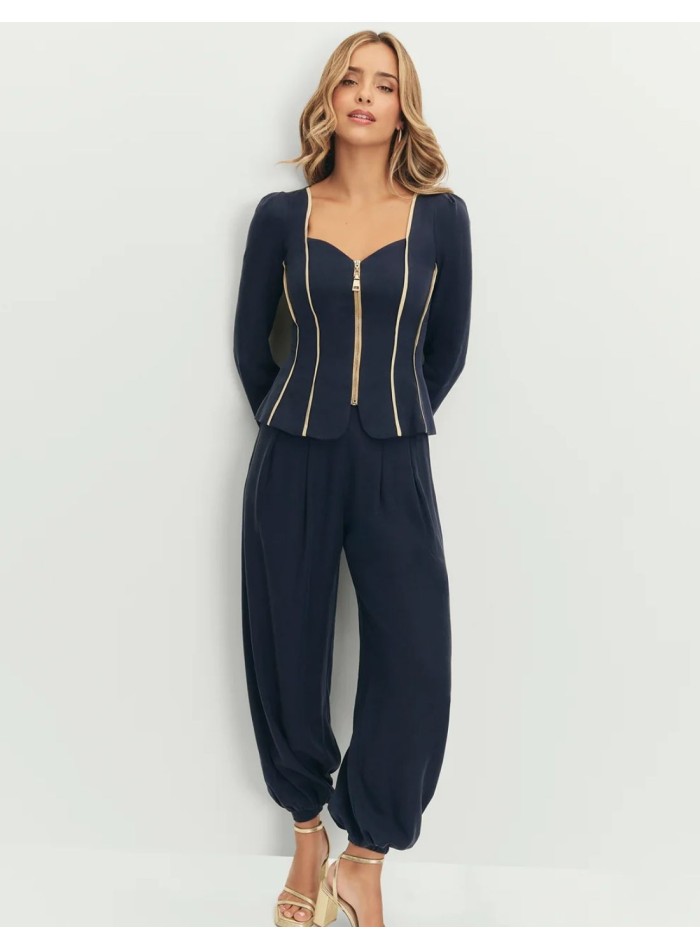 Fluid navy blue high-waisted pants with elastic...