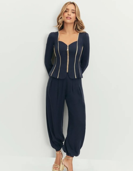 Pantalon fluide taille haute bleu marine avec poignets élastiques