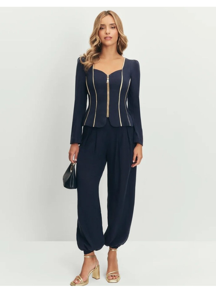 Pantalon fluide taille haute bleu marine avec...