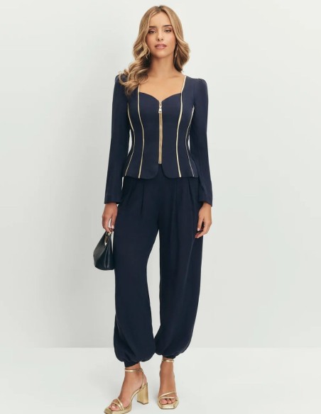 Pantalon fluide taille haute bleu marine avec poignets élastiques