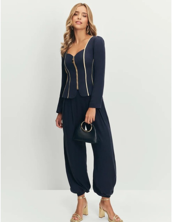 Fluid navy blue high-waisted pants with elastic cuffs