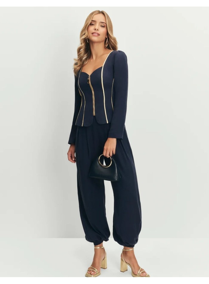 Pantalon fluide taille haute bleu marine avec poignets élastiques