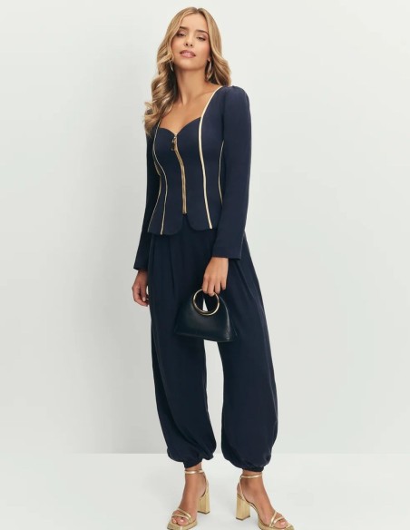 Fluid navy blue high-waisted pants with elastic cuffs