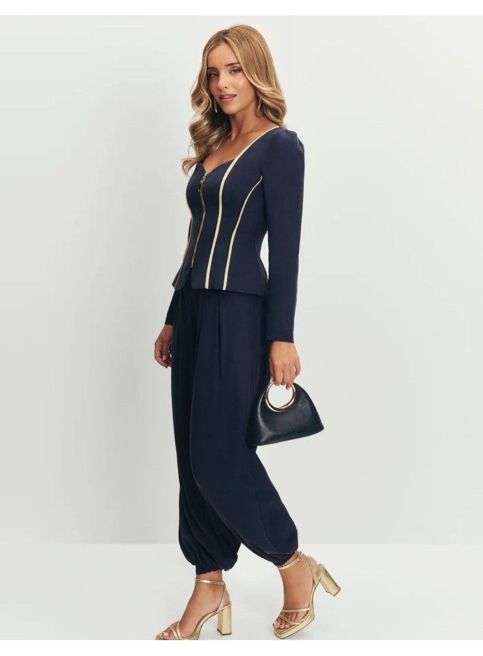 Pantalon fluide taille haute bleu marine avec...