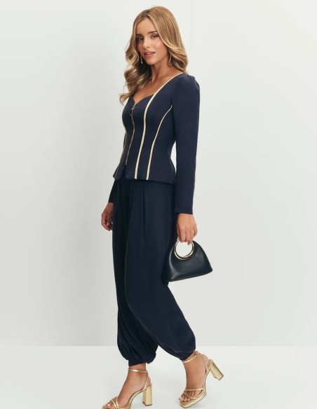 Pantalon fluide taille haute bleu marine avec poignets élastiques