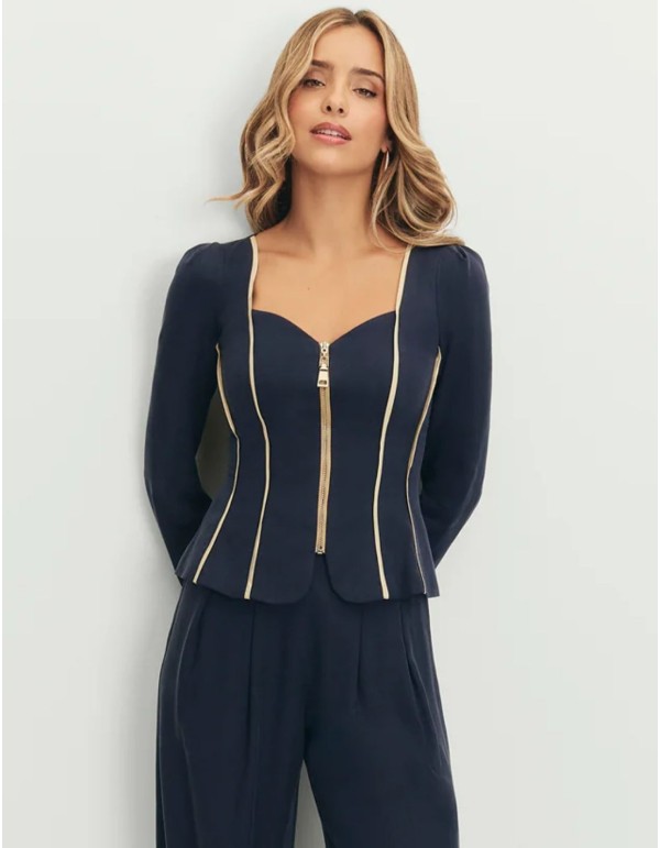 Navy blue jacket with sweetheart neckline and peplum cut