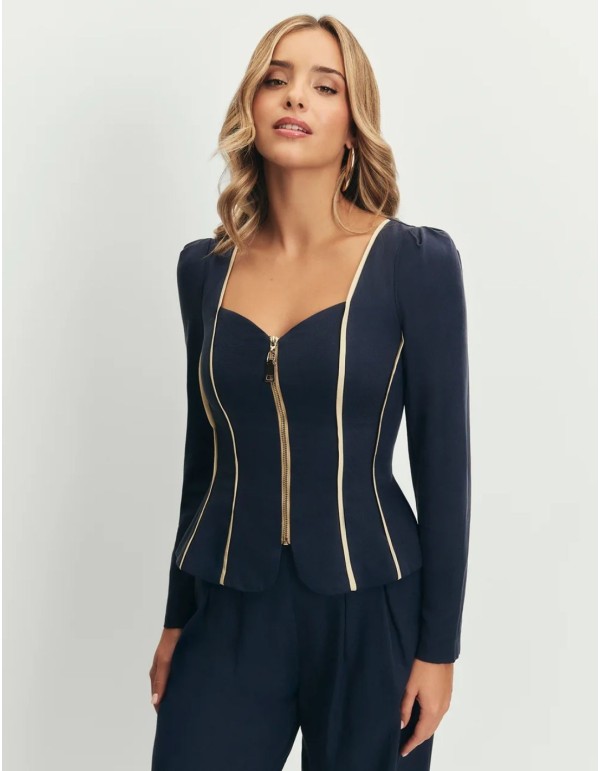 Navy blue jacket with sweetheart neckline and peplum cut 2