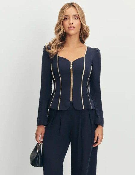 Veste bleu marine avec encolure en cœur et coupe péplum