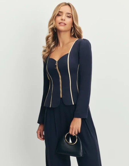 Veste bleu marine avec encolure en cœur et coupe péplum