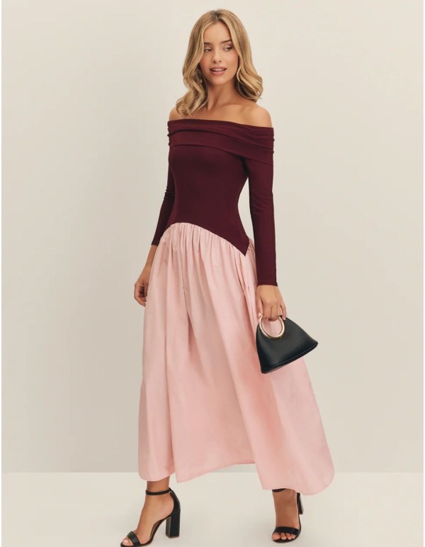 Eggplant and pink midi party dress with bardot neckline