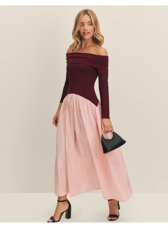 Vestido midi de fiesta berenjena y rosa escote bardot
