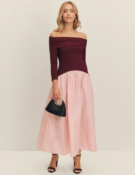 Eggplant and pink midi party dress with bardot neckline