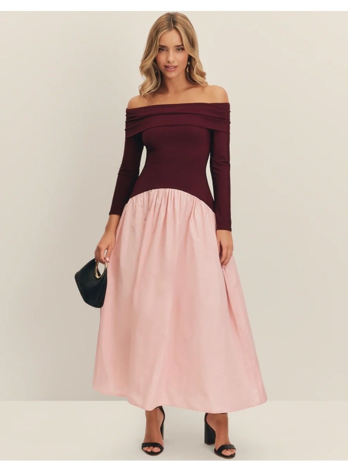 Robe de soirée midi aubergine et rose avec...