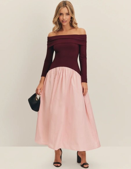 Robe de soirée midi aubergine et rose avec encolure bardot