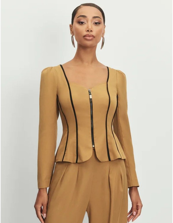 Mustard jacket with corset silhouette and sweetheart...