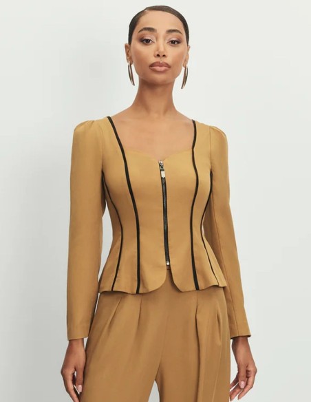 Mustard jacket with corset silhouette and sweetheart neckline