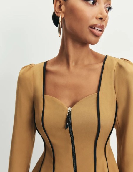 Mustard jacket with corset silhouette and sweetheart neckline