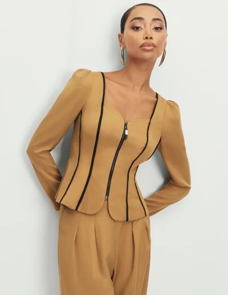Mustard jacket with corset silhouette and sweetheart neckline