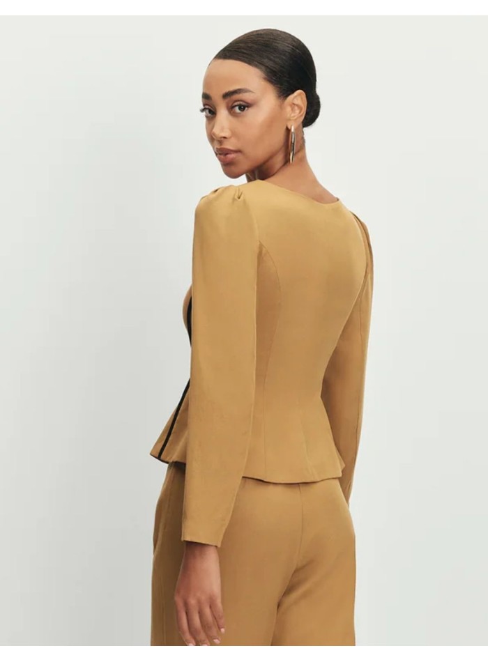Mustard jacket with corset silhouette and...