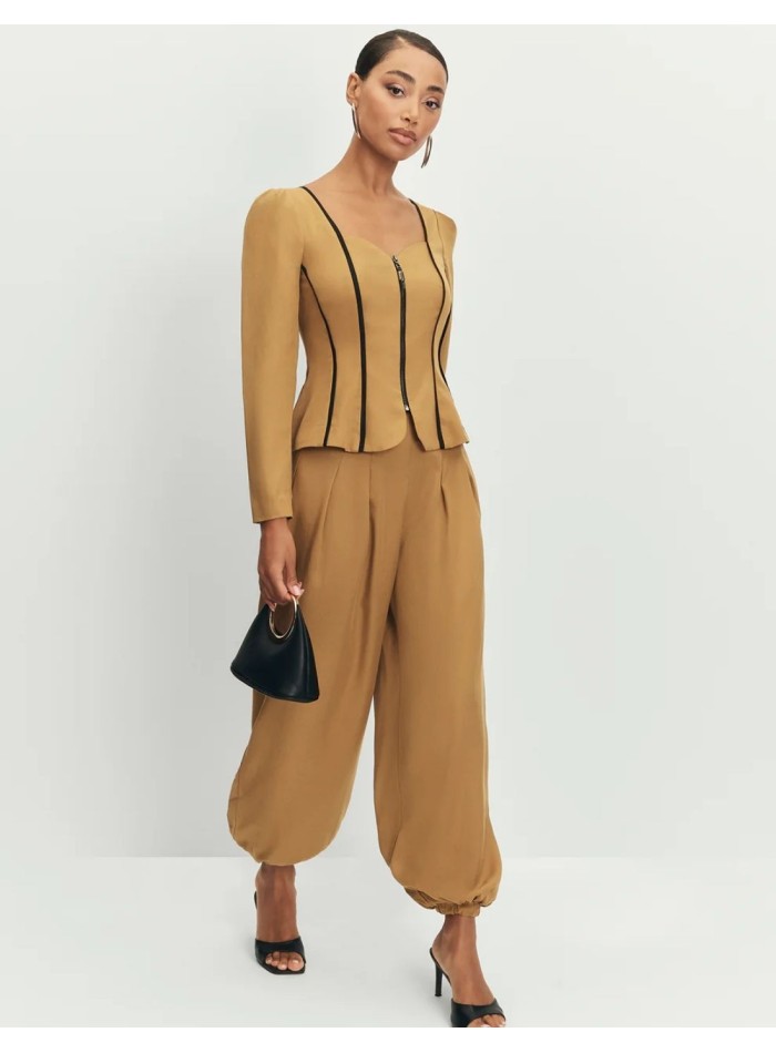 Pantalon moutarde à taille haute et poignets élastiques
