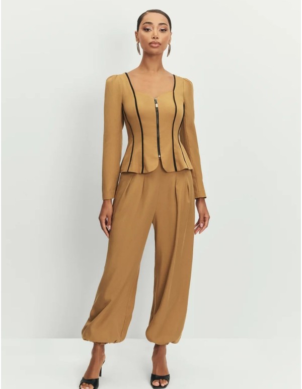 Mustard high-waisted pants with elastic cuffs 2
