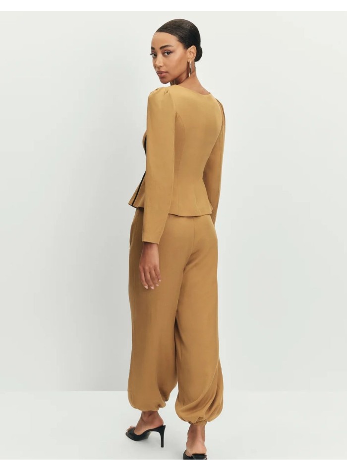 Pantalon moutarde à taille haute et poignets...