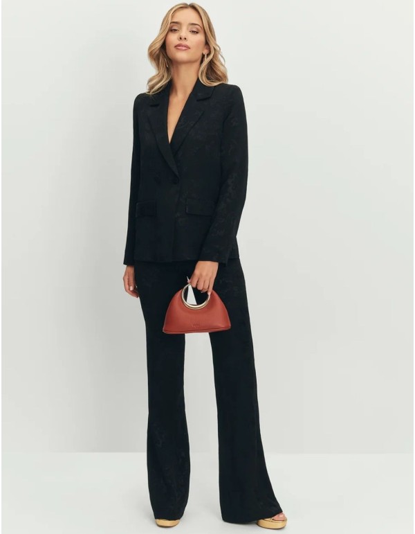 Black jacquard pants, high rise and flared silhouette
