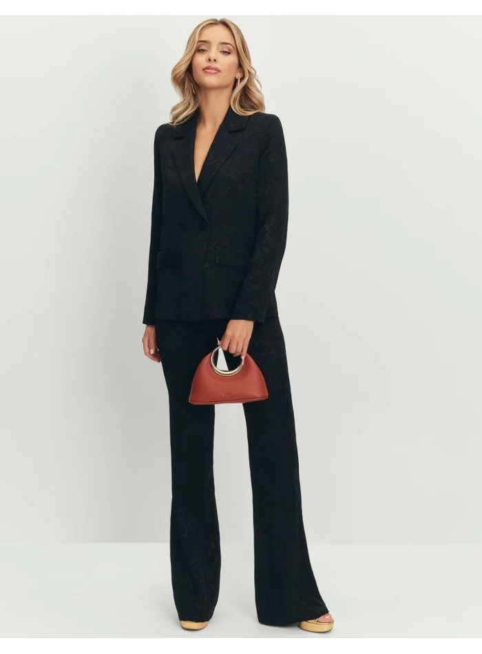 Black jacquard pants, high rise and flared silhouette