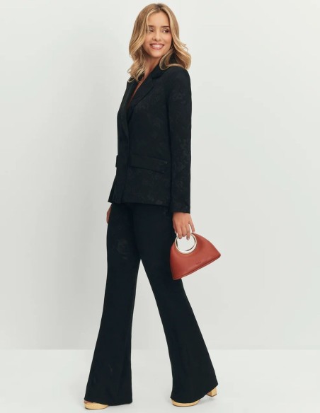 Black jacquard pants, high rise and flared silhouette