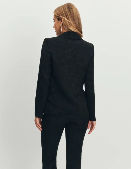 Black jacquard blazer with matching lapels and waist sash