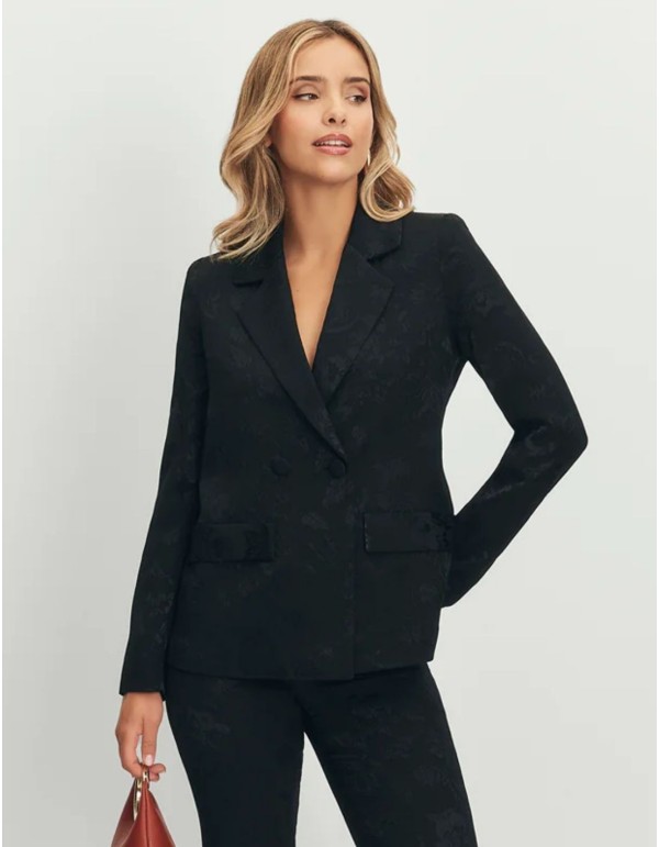 Black jacquard blazer with matching lapels and waist sash